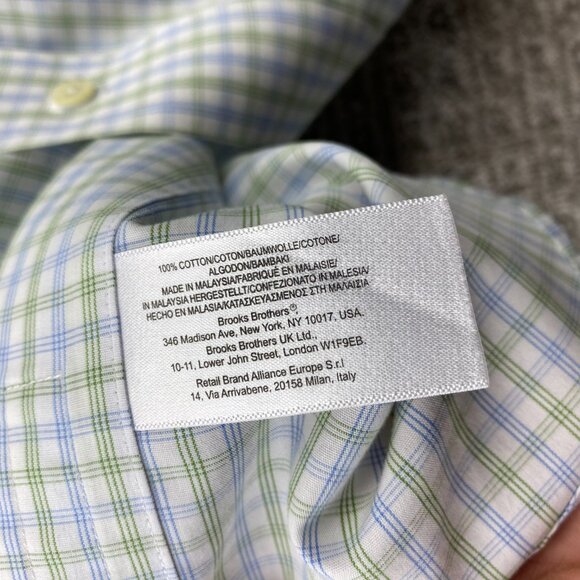 Brooks Brothers Button Up Shirt Men 15-32 Slim Fit Non-Iron White Green Check - Picture 6 of 9